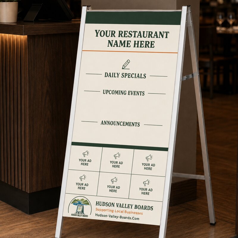 A Hudson Valley Boards specials board in an aluminum A-frame stand, inside a restaurant